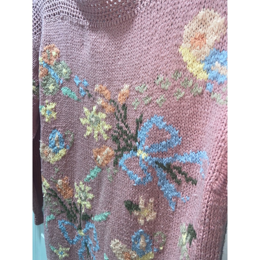 Melbourne Elements Hand Knit Floral Sweater Pink Crochet Trim Ramie Cotton Small - Picture 2 of 6